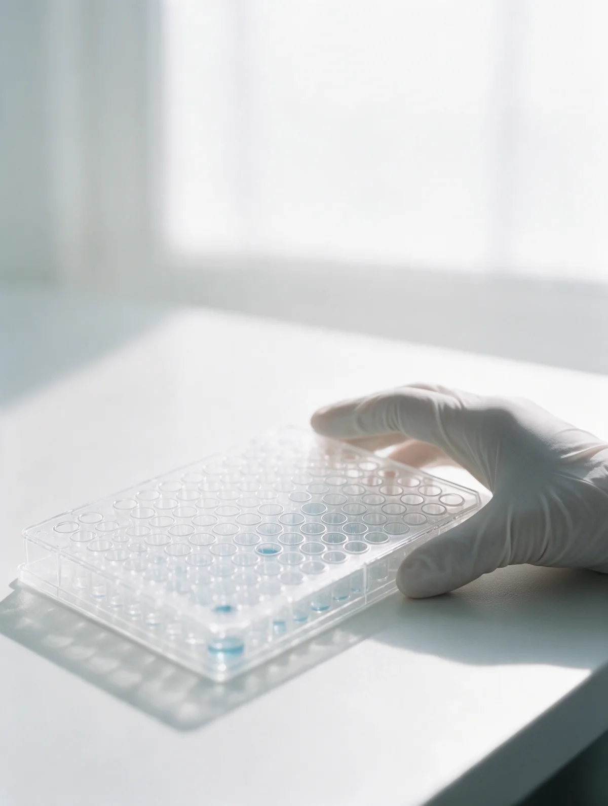A clear assay microplate on a white bench in soft daylight, a gloved hand resting at its edge.